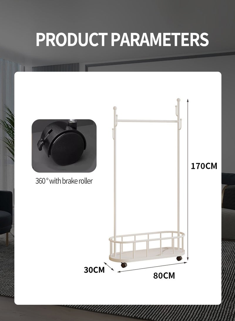 بيروي رف ملابس معدني قابل للدحرجة، رف ملابس معدني بعجلات وسلة تخزين، خطافات على شكل فرع، مناسب لتعليق الملابس والقبعات وحقائب اليد في غرفة المعيشة وغرفة النوم 80 سم - Image 3